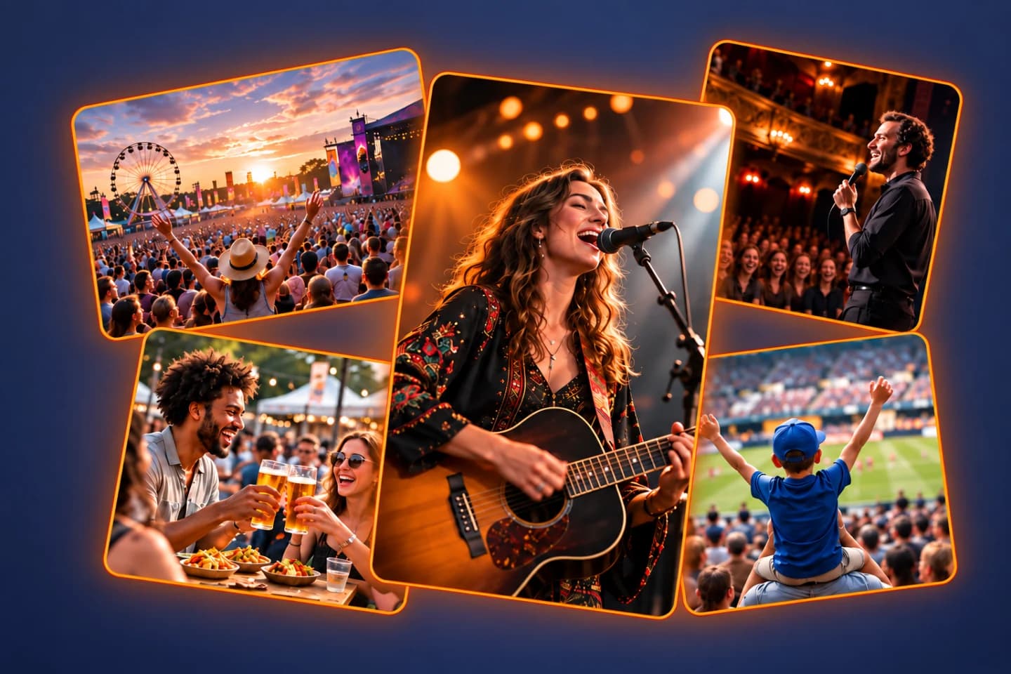 A collage of concerts, festivals, comedy, food events and sport